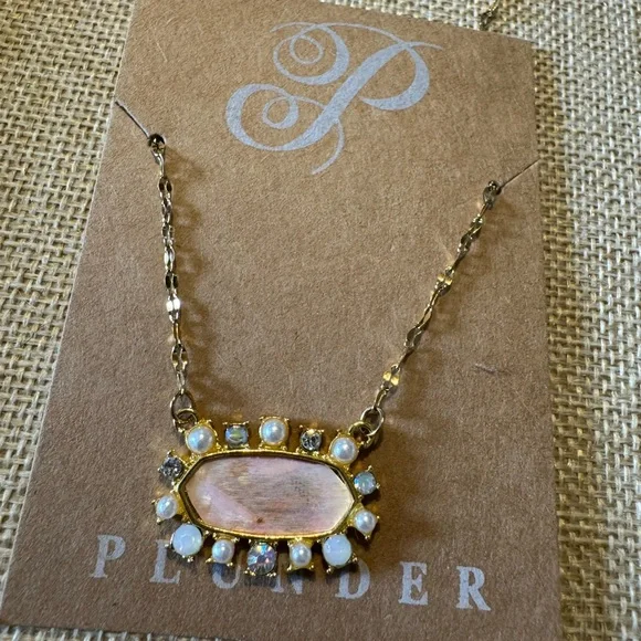 Plunder Gold Necklace with Pink Pearl and Crystal Pendant - Picture 2 of 5